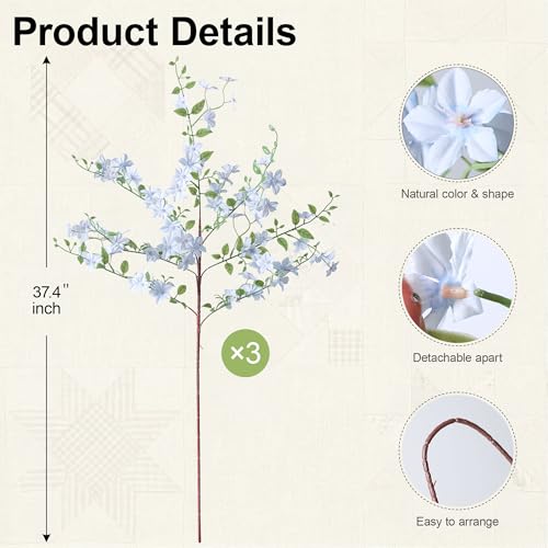 Fake Flowers, 3 Pcs Artificial Flowers Greenery Stems Faux Greenery Stems Branches for Vases Realistic Silk Real Touch Spring Greenery Stems Bulk Bedroom Office Wedding Table Summer Home Decor - color: Blue