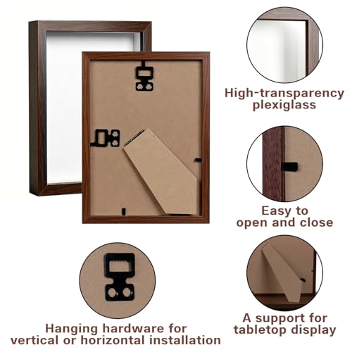A4 Shadow Box - 2Pack Walnut Color Wooden Deep Picture Frame with Shatter-Resistant Panel for Wall Decor | 3D Display Case for Military Medals,Photo and Crafts | Easy to Open & Ready to Hang Gift Idea - color: Walnut Color, size: 2Pcs A4/8.3x11.7in