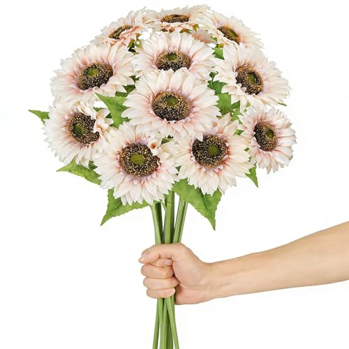 12Pcs 25.6" Artificial Sunflowers Long Stem Artificial Flowers for Tall Vase 5.9" White Fake Sunflowers Bouquet Spring Summer Flower Arrangements for Table Centerpieces Home Wedding Party Decor