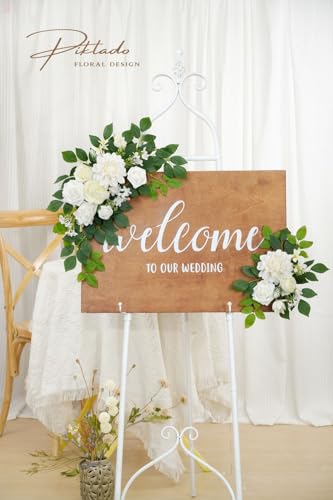 Wedding Decor (Pack of 2) Welcome Sign Flower Backdrop Garland for Ceremony Reception Wall Easel Home Decoration Entryway Faux Outdoor Board Head Table Decor (White) - color: White