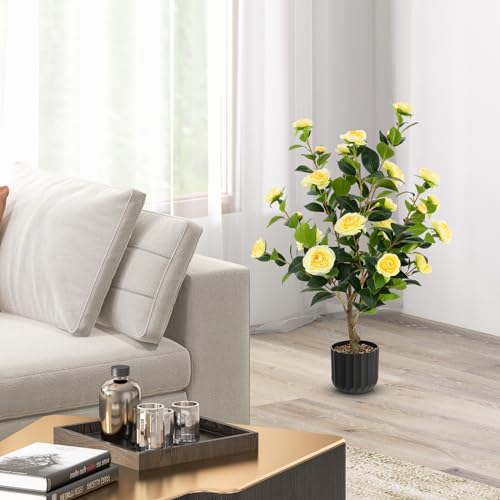 DREAMADE Artificial Camellia Tree Set of 2, 38” Tall Potted Plants Artificial Decoration w/Cement Pot, 24 Flowers, Decorative Bonsai, Faux Plant Greenery for Indoor Living Room Office Dining Room - color: Yellow,2