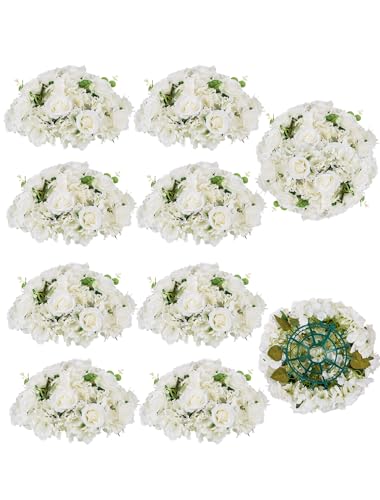 BLOSMON Wedding Flower Centerpieces for Tables: 10 Pcs 15.7" Large White Rose Hydrangea Artificial Flowers Ball Decorations - Faux Silk Floral Bouquet Arrangement for Home Party Event Decor - color: White, size: Diam 15.7" - 10 Pcs