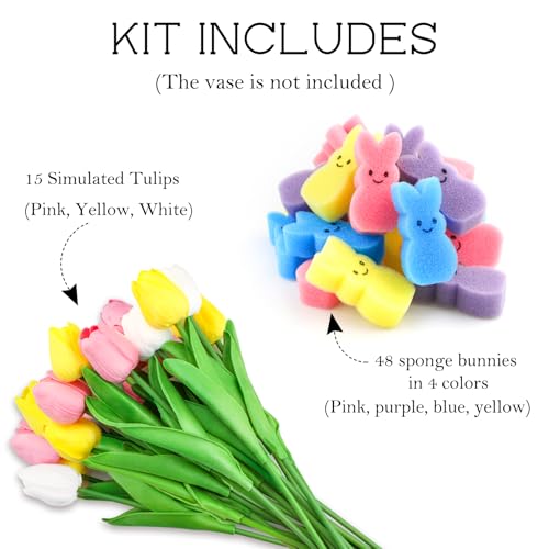 Labrostar Easter Decorations Easter Decor 15pcs Artificial Tulips with 48pcs Bunnies Vase Filler Spring Decor Home Indoor Decoration Centerpieces for Tables