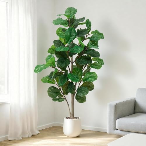 Faux Fiddle Leaf Fig Tree 5ft Tall Indoor Fake Tree in White Pot with 70 Leaves Artificial Ficus Lyrata House Plant for Indoor Home Office Bedroom Living Room Decor Perfect Housewarming Gift - size: 5ft