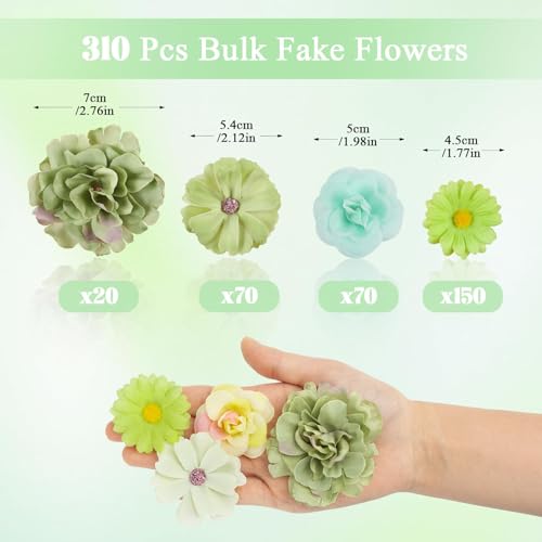 ATTGREAT 310 Pcs Fake Flower Heads Mini Artificial Flower Bulk Silk Flowers for Decoration Small Faux Flower Heads Fabric Daisy Buds Floral for Crafts DIY Wedding Party Baby Shower Home Decor, Green - color: Green