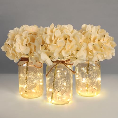 Set of 3 Mason Jar Lights, Champagne Hydrangea Holiday Table Decor | Farmhouse Table Centerpiece for Home Wedding Event Party Decor - color: Jar-champagne Hydrangea
