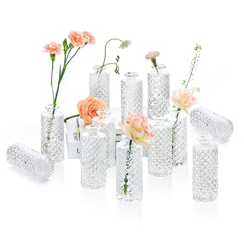 ComSaf Glass Bud Vases Set of 12, Small Diamond Bud Vases in Bulk, Mini Flowers Vases for Centerpieces, Vintage Bottle for Table Decorations, Wedding Decor, Recepetion, Home, (Clear) - color: Clear, size: 12 Pcs