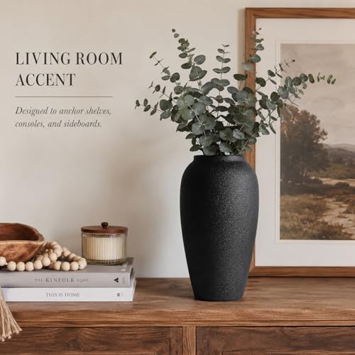 Rustic Ceramic Vase – 13.8" Large Black Ceramic Vase for Home Decor, Modern Terracotta Floor Vase for Living Room, Entryway, Kitchen, Black Vases for Centerpieces, Housewarming Gifts - color: Black, size: 13.8in