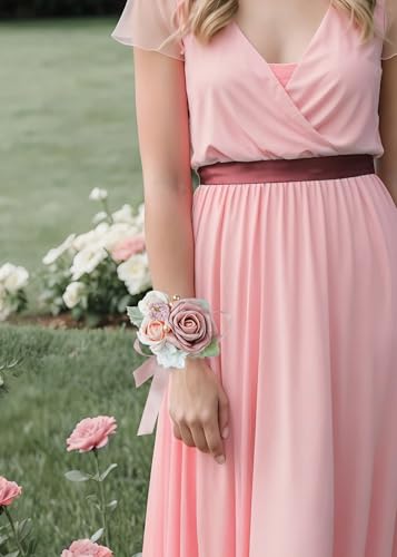 Set of 2 Wrist Corsage Wristlet for Wedding Bridesmaid Mother Grandmother for Bridal Shower Wedding Artificial Roses Flower Prom Dusty Blush Pink - color: Dusty Blush Pink