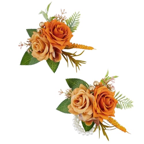 Orange Corsage and Boutonniere Set for Wedding Prom, Artificial Rose Flower Wrist Corsage Bracelets, Homecoming Corsage Wristlet, Boutonniere for Men Wedding Suit Decorations - color: Burnt Orange