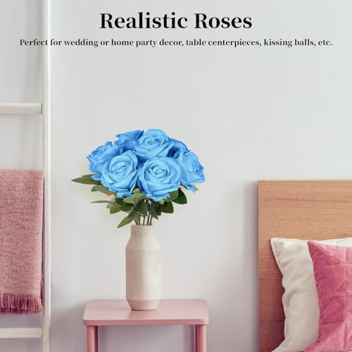 10 PCS Artificial Roses with Long Stems Silk Flowers Realistic Foam Flowers Fake Roses for Valentine's Day Home Wedding Decor(Light Blue) - color: Light Blue