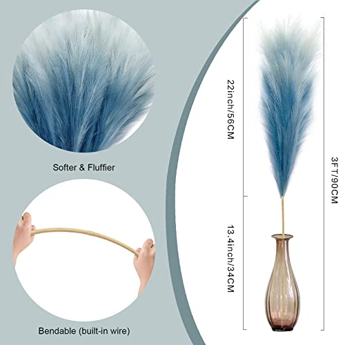 KALYLOC 8Pcs 35.4” Blue Colorful Faux Pampas Grass, Fluffy Artificial Bulrush Branches Boho Decor, Filler Tall Pampas Grass Reed Fluffy Stems for Living Room Wedding Decoration - color: Blue