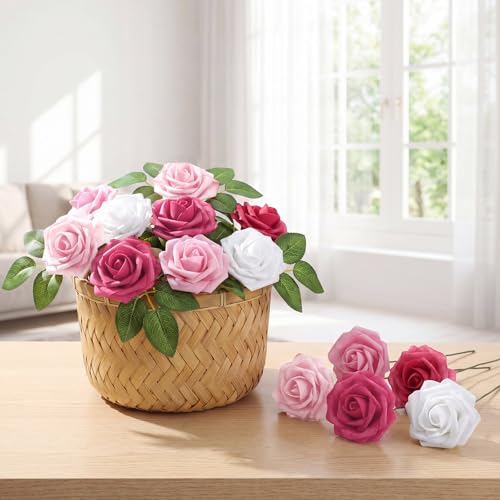 50 Pcs Artificial Foam Rose Flower Faux Bouquet Wedding Fake Rose Gift for Mother's Day Women DIY Bridal Shower Party Table Birthday Home Spring Decor (Gradient Pink) - color: Gradient Pink