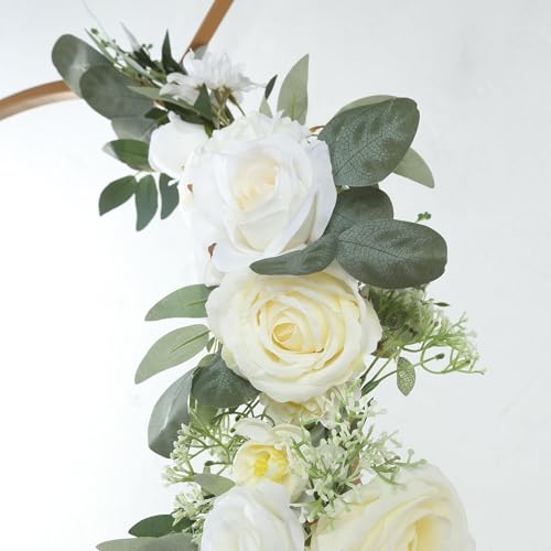 Efavormart Set of 2 White Silk Rose Floral Swags with Eucalyptus Greenery, Pre-Arranged Artificial Flower Arrangements for Wedding Arch Decor, Signs and Table Centerpieces - color: Type19