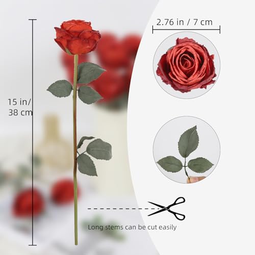 IPOPU 10PCS Roses Artificial Flowers Realistic Silk Flowers Faux Red Roses Bouquet with Long Stem for DIY Wedding Bouquet Table Centerpiece Home Party Decor(Red) - color: Red
