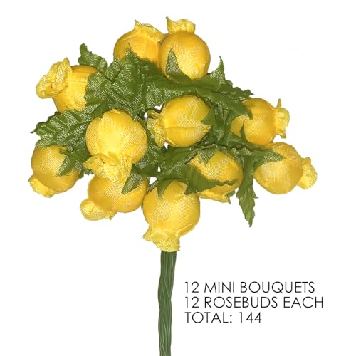 GiftWrap Etc. Daffodil Yellow Artificial Silk Flower Roses - 12 Mini Bouquets of 12 Rosebuds, 144 Rosebuds Total, Wedding, Reception, Easter, Wreath - color: Daffodil Yellow