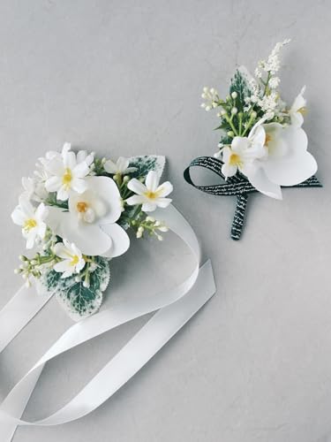 White Rose Wrist Corsage and Boutonniere Set with Ribbon Ties Wedding Prom Formal Accessories (White Style 2) - color: White Style 2