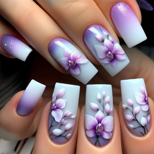 Flower Press on Nails Medium Square Fake Nails Purple False Nails with Gradient Designs Floral Glossy Stick on Nails Beautiful Glue on Nails Spring Acrylic Nails for Women Girls 24 Pcs - color: Flower Square29