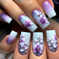 Flower Press on Nails Medium Square Fake Nails Purple False Nails with Gradient Designs Floral Glossy Stick on Nails Beautiful Glue on Nails Spring Acrylic Nails for Women Girls 24 Pcs - color: Flower Square29