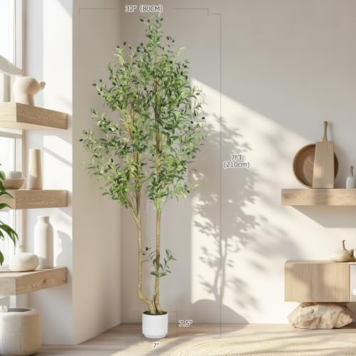 HZXGCP Olive Tree Olive 7 feet, Artificial Olive Tree with White Pot, Fake Tree with 1882 Dense Leaves & 96 High-Simulated Olive Fruits - Easy Assembly, Low Maintenance (Olive Tree 7ft) - color: Olive Tree 7ft