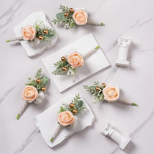 Champagne Rose Men Boutonniere Faux Foam Flower for Wedding 6Pcs | Champagne Artificial Foam Rose Boutonnieres for Wedding Prom Groom Groomsman Ceremony Anniversary Party Homecoming - color: 6pcs Champagne Pink Boutonniere