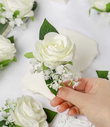 10Pcs Ivory White Rose Men Boutonnieres for Wedding Prom Party | Groomsmen Groom and Man Boutonniere for Wedding Prom, Rose Boutonniere for Men Wedding Ceremony Anniversary Party Homecoming - color: White Boutonniere 10pcs