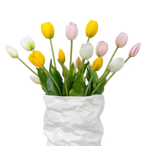 15 Pcs White-Light Pink-Yellow Artificial Tulips Fake Flowers, Premium Latex Lifelike Texture, UV Resistant Waterproof Faux Tulip Bouquets with Snap-on Petals for Outdoor, Home, Wedding Decor - color: Whitelightpinkyellow