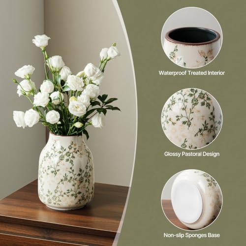 Ceramic Flower Vase | Green Rustic Farmhouse Vase for Home Decor, Vintage Floral Tuscan Decorative Pottery Vase for Living Room & Kitchen, Centerpieces, Mantel & Bookshelf, Entryway, Wedding(7.8 Inch) - color: 10-green and Beige