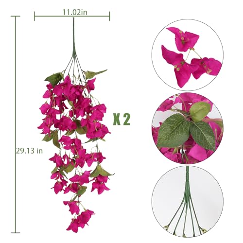 Artificial Hanging Flowers Bougainvillea, 2PCS UV Resistant Bougainvillea Silk Vine Flowers Fake Triangle Plum Blooming Faux Flower for Garden Porch Eave Wedding Wall Indoor Outdoor Decor (Rose Red) - color: Rose Red