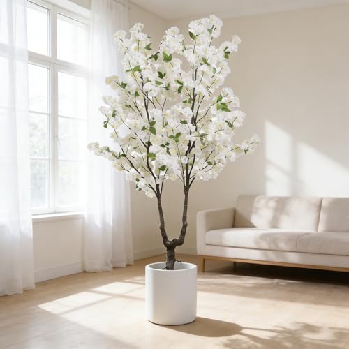 BINCUE Artificial White Cherry Blossom Tree Fake Tree Cherry Blossom Decor Fake Flowers Faux Flowering Tree White Flowers Floral Artificial Plants for Indoors Outdoors Room Home Office Gift 6FT - color: White-09ap