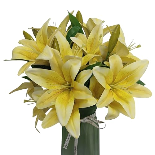 ATFL Artificial Lilies Flowers,9 Pcs Faux Lily Flowers,16''Tiger Lily Branches with 2 Full Blooms and 1 Bud,Faux Fake Lilies Plants for Wedding Bouquet Floral Arrangements (9, Yellow) - color: Yellow