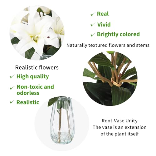 6 Pcs Artificial Lily Flowers with Glass Vase, 19.7" Faux Stargazer Lily Stems with 2 Blooms and 1 Bud Each, Faux Tiger Bouquets for Home, Hotel, Party Flower Arrangement Decor (White) - color: White, size: Lily