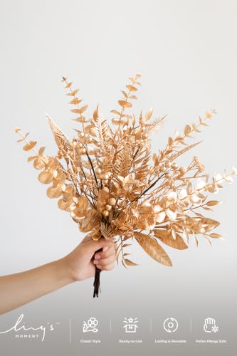 Ling's moment Artificial Golden Branches Box Set, 33pcs with 7 Kinds of Faux Greenery Picks for DIY Bridal Bouquets Wedding Floral Arrangement Table Centerpieces, Golden - color: Gld-golden
