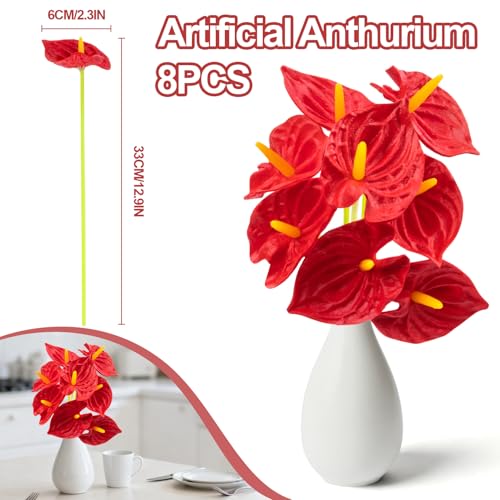 RAINFLOW 8PCS Anthurium Artificial Flowers Red Anthurium Single Stem - Tropical Flowers Artificial with Large Bloom, Faux Anthurium Artificial Flowers for Wedding Table Centerpiece Decor(12.6")