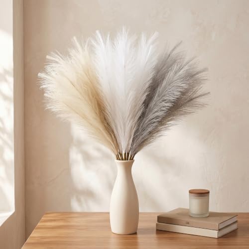 30Pcs Artificial Pampas Grass Decor - 21.7" Fluffy White Beige Grey Faux Flowers for Vase, No Shed Boho Room Decor, Wedding Table Centerpieces & Photography Props - size: White Grey Beige