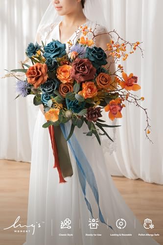 Ling's moment Teal Bridal Bouquet, Burnt Orange Wedding Bouquets for Bride, 15 Inch Silk Free Form Bridal Bouquets Artificial Wedding Flower Bouquet - color: Or-dark Teal & Burnt Orange, size: Medium 15 Inch