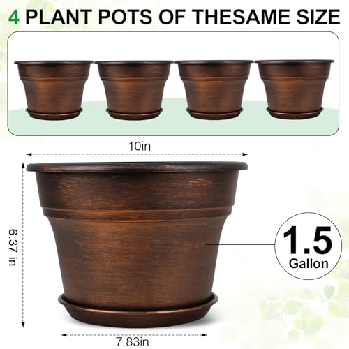 Fodetyff 10 Inch Planters Plant Pots Indoor Outdoor, 4 Pack Plastic Flower Pot for Indoor Plants with Drainage Holes & Trays, Resin Decorative Container Sets with Saucer for House Garden Copper - color: Copper, size: 10 inch-4 pack