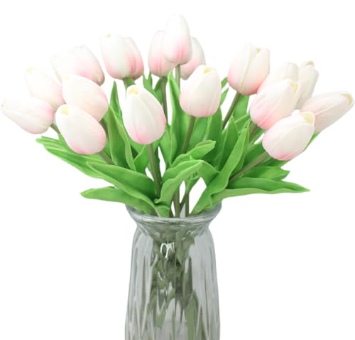 10-Heads Home Decor Mini Tulip Real Touch Tulip Artificial Flowers Bouquets for Home Wedding Party Centerpiece Decoration (Pink and White) - color: Pink and White