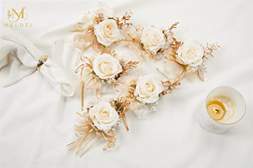 Rose Wrist Corsage for Girls Women Bride Bridesmaid, Set of 6, Champagne Hand Flower Wedding Artificial Flowers for Prom Party - color: Champagne1# Wrist Corsage (Set of 6)