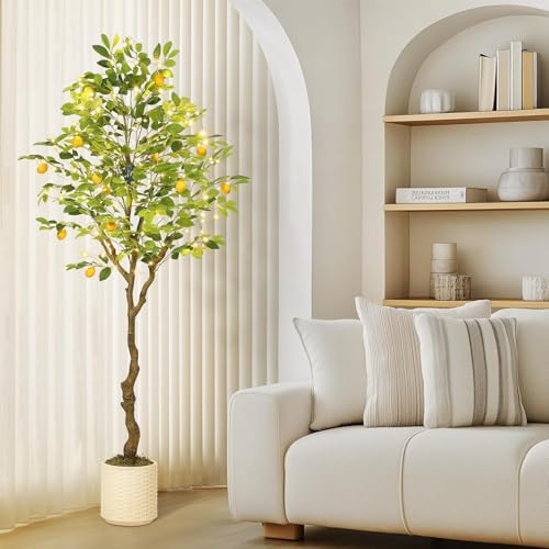 6 ft Artificial Lemon Tree Indoor, Pre Potted Faux Tree with Realistic Fruits & 100 Lighted Tree, Fake Tree for Home Decor; Artificial Plants Indoor for Office,Home,Living Room
