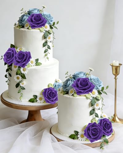 DuHouse 25Pcs Artificial Roses Flowers Fake Roses with Stems Real Touch Foam Flowers for DIY Wedding Bouquet Centerpiece Floral Arrangement Party Home Decor (Dark Purple) - color: Dark Purple, size: 25pcs
