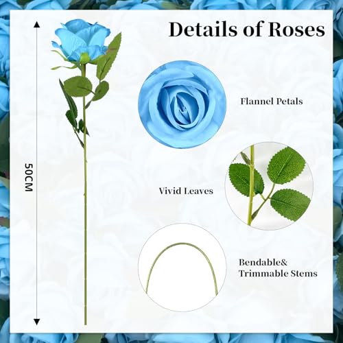 10 PCS Artificial Roses with Long Stems Silk Flowers Realistic Foam Flowers Fake Roses for Valentine's Day Home Wedding Decor(Light Blue) - color: Light Blue