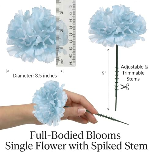 Larksilk 100 Pack Artificial Carnations - Bulk Silk Flowers for Weddings, Mother's Day, Graduations, Easter & Memorial Day - 3.5" Heads, 5" Stems, Real Touch Petals, 18 Colors Available - Blue - color: Blue, size: 100