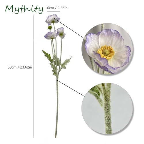 Set of 6 Poppies Flowers Artificial Silk Flowers with Long Stems Faux Wildflowers Bouquet for Vases Oil Pastel Style for Wedding Party Indoor Home Office Decor (Light Purple Blue) - color: Light Purple Blue