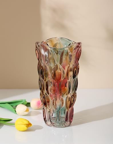 9.5" High Thickened Colorful Glass Flower Vase for Home Decor, Dining Wedding Table Office Holiday Party Centerpiece Decoration - color: Magic Color-waterdrop Style