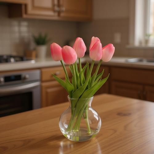 Realistic Fake Flowers Artificial Tulip Arrangement with Glass Vase, Adjustable Stems, for Home Living Room Table Office Wedding Decoration（Pink） - color: Pink