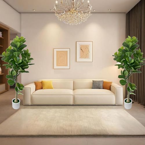 5.6FT Artificial Fiddle Leaf Fig Tree with White Pot, 2 Pack Faux Plant Indoor Outdoor Fake Tree for Home, Office, Living Room Decoration - size: 5.6ft