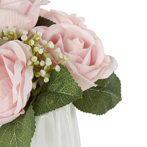 Deco 79 Fabric Artificial Flower with Green Leaves and Round Ceramic Vase, 8" x 8" x 9", Pink - color: Pink, size: 8" x 8" x 9"