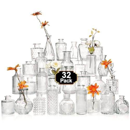 Arme Glass Bud Vase Set of 32 Pcs，Small Glass Vases for Flowers，Clear Bud Vases in Bulk，Vintage Vases for Centerpieces，Small Glass Bud Vase for Rustic Wedding Decorations，Home Table Flower Décor - color: Clear-32pcs, size: 32 Pcs