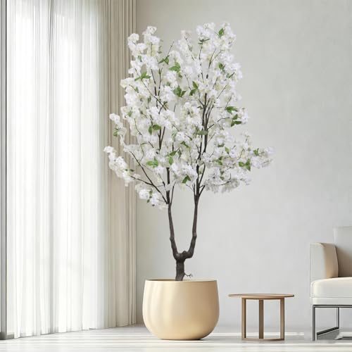 Faux White Cherry Blossom Tree 6ft(72in) Tall Artificial Japanese Sakura in Pot Realistic Cherry Plant Decor Handmade Natural Fake Pink Flower Tree for Christmas,New Year,Wedding,Living Room - color: Cherry Blossom(white 9), size: 6ft
